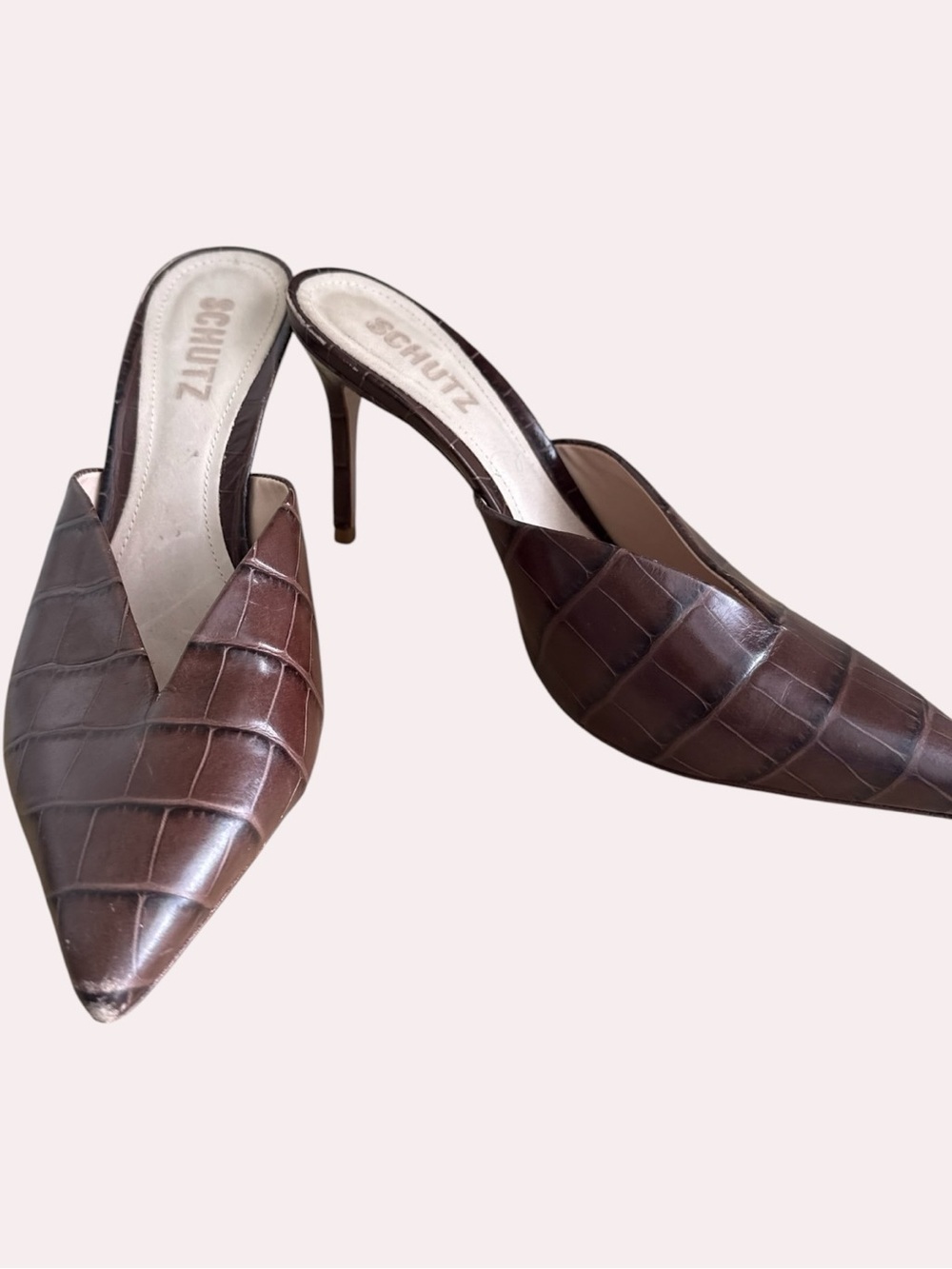 Schutz Mule Brown Croc-Embossed Pointed Toe Mules 7.5
